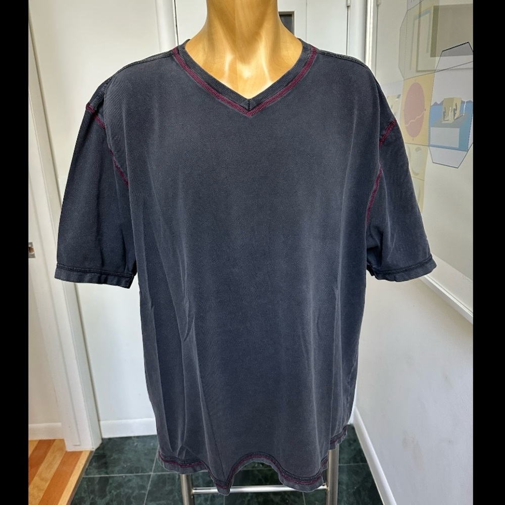 JOHNSTON & MURPHY MENS STONEWASHED FADED KNIT TSHIRT VNECK BLACK MAROON RED XXL